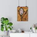 Vintage hand mirror and comb art print with ornate oval mirror illustration, hanging display