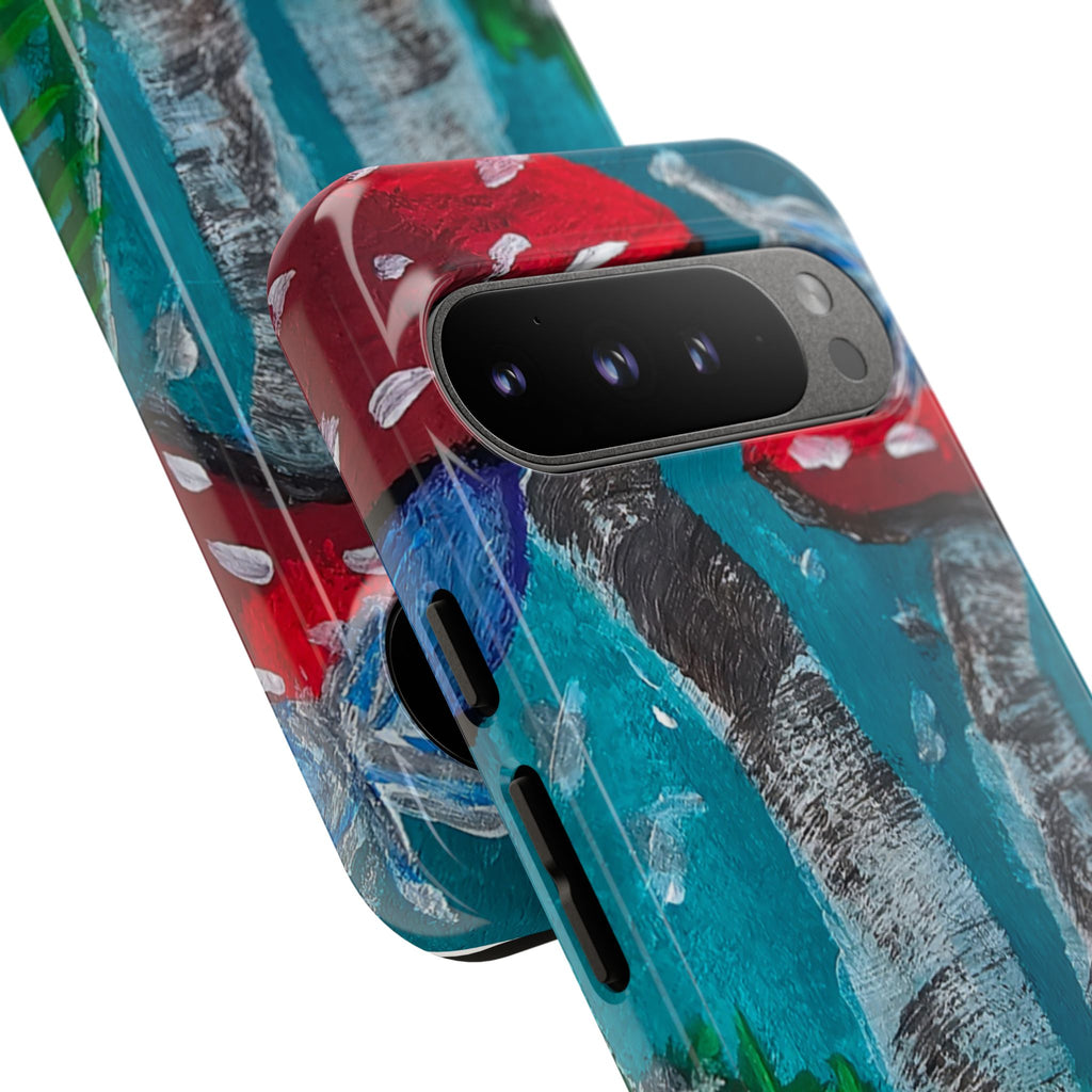 Phone case angled with red toadstools, birch pattern, and camera lens cutout
