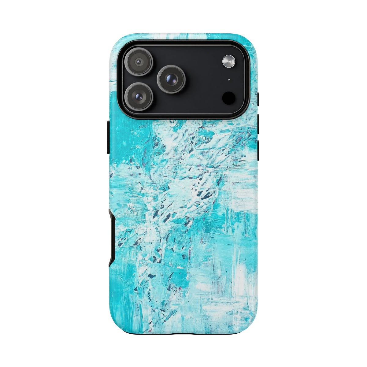 Turquoise abstract marble tough phone case with triple-lens camera cutout and side button openings.