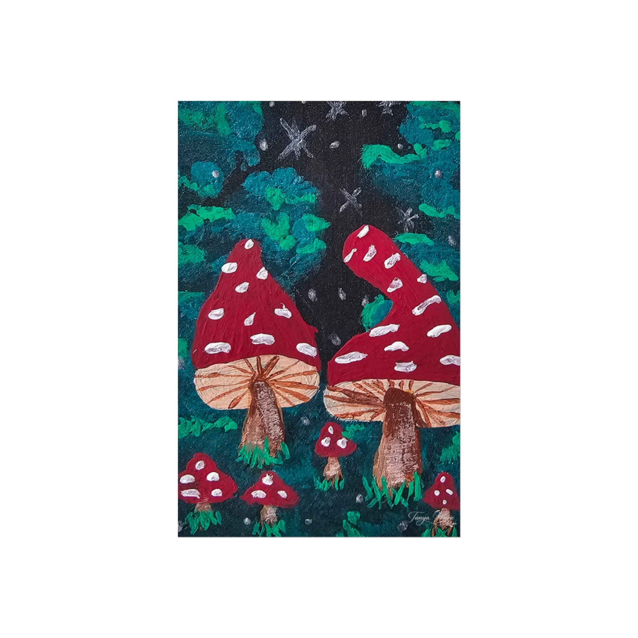 Whimsical fine art poster: two large red toadstools with white spots and smaller mushrooms