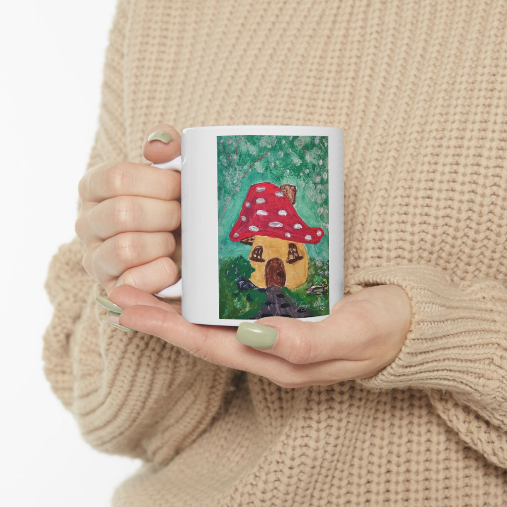 White 11oz ceramic coffee mug with red mushroom cottage garden print
