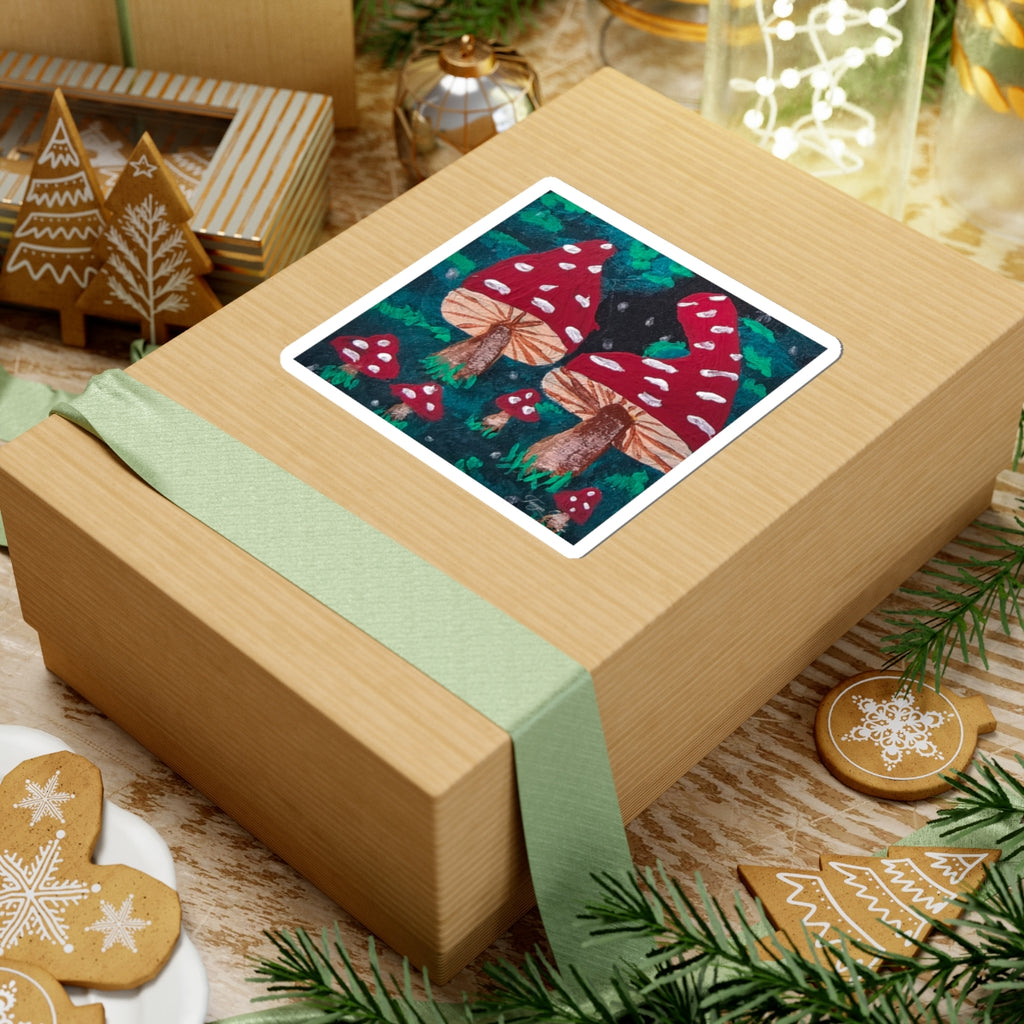 Kiss-cut sticker on wrapped gift: red mushrooms with white spots on green background