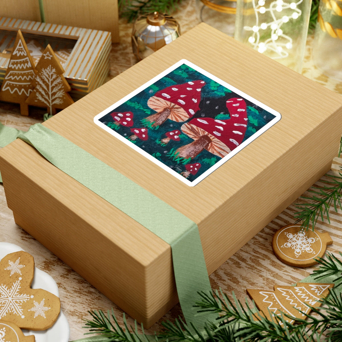 Kiss-cut sticker on wrapped gift: red mushrooms with white spots on green background