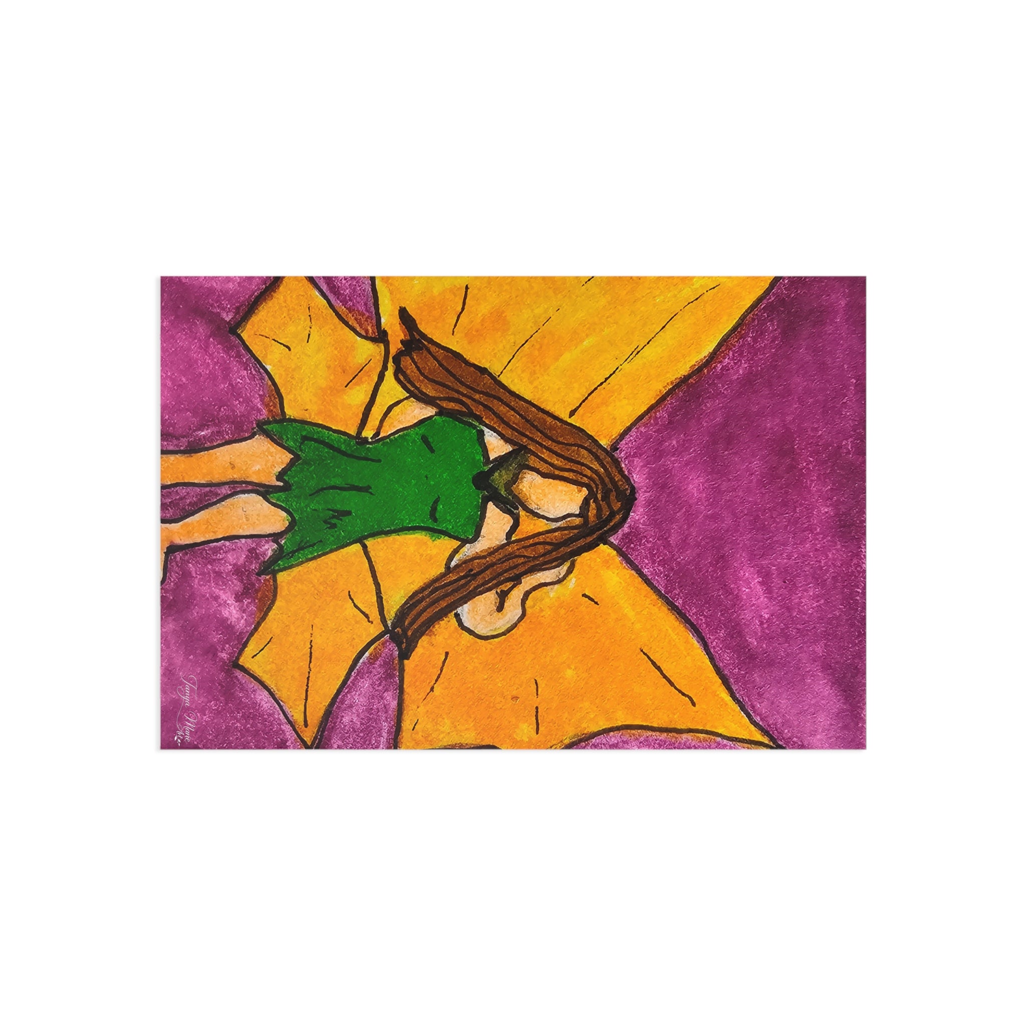 Colorful fairy postcard close-up with green fairy and orange starburst on purple