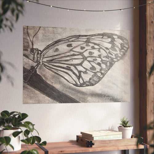 Rectangular monochrome butterfly wing art print on matte paper, charcoal sketch