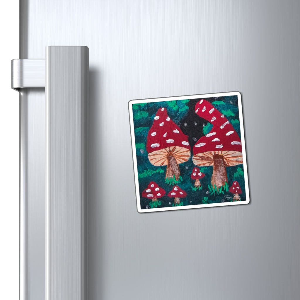 Square toadstool refrigerator magnet with red mushroom caps, white spots, and a white frame