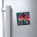 Square toadstool refrigerator magnet with red mushroom caps, white spots, and a white frame