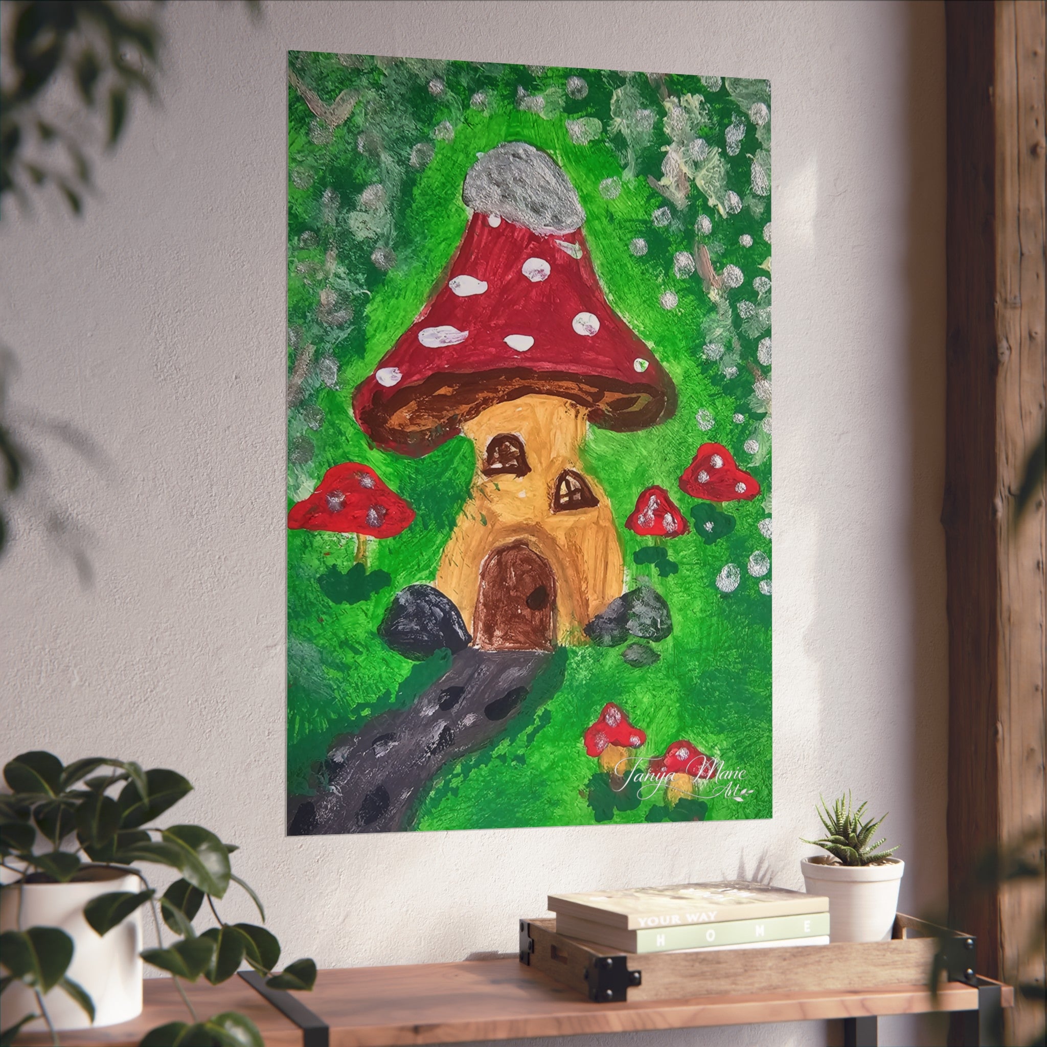 Matte fine art poster: red spotted mushroom cap over a warm yellow cottage with green backdrop