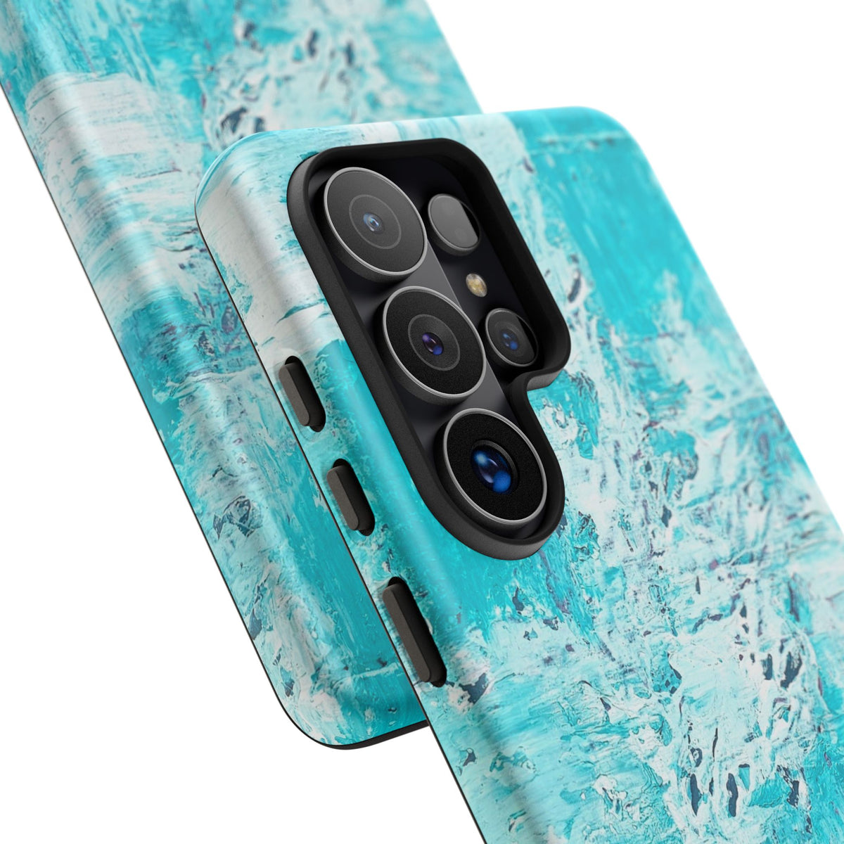 Turquoise marble phone case close-up with protective camera bump on ocean blue print