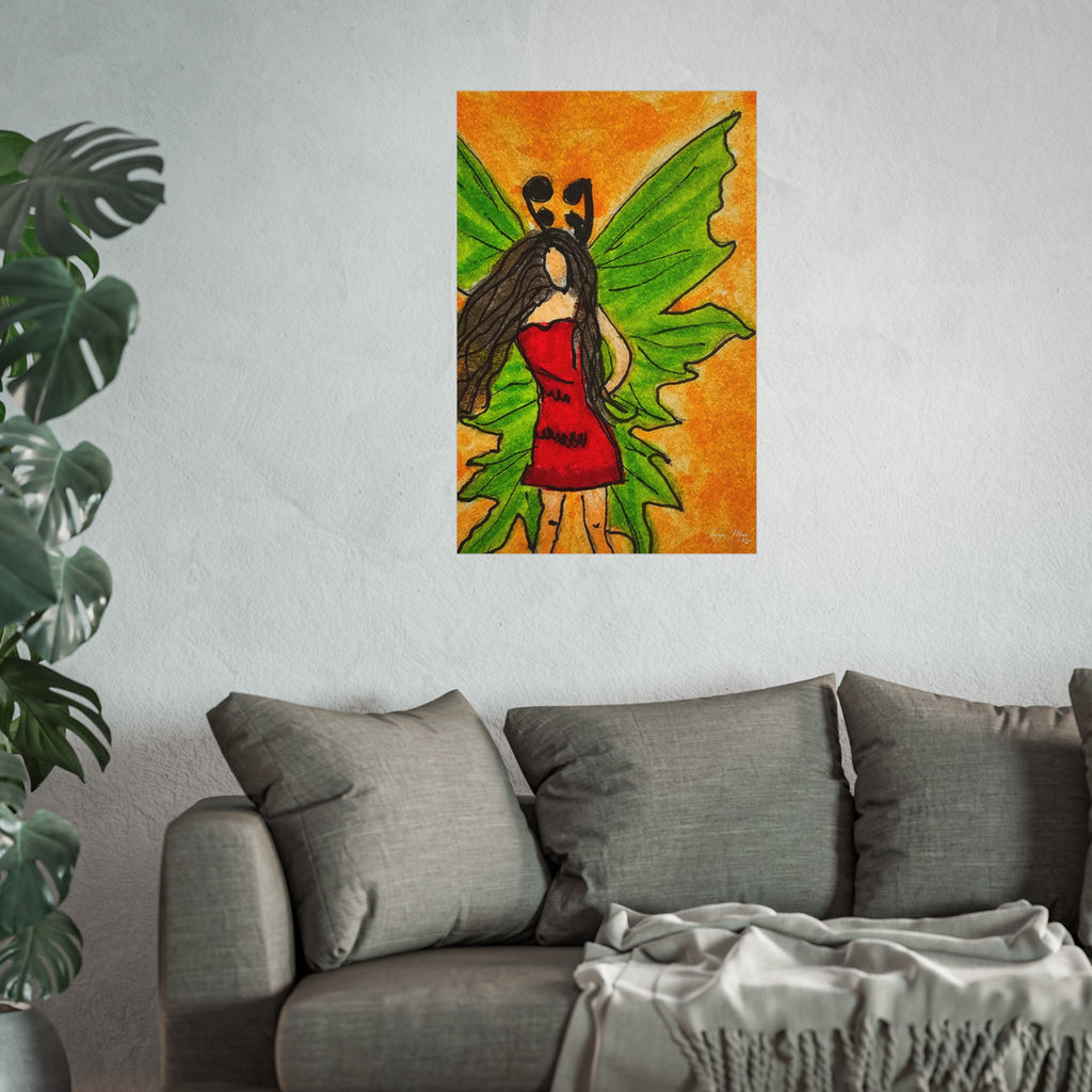Wall art poster print: winged woman in red dress, green wings, orange background