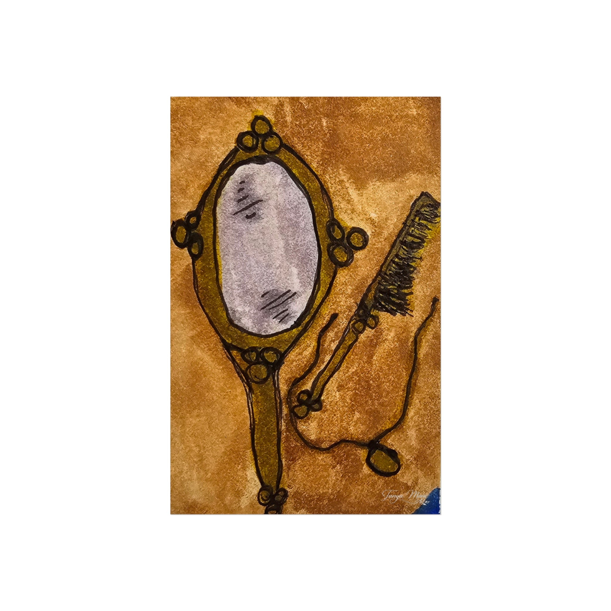 Square art print poster featuring a vintage hand mirror with comb illustration in warm brown