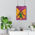 Colorful fairy girl art print with green dress, hanging on clips against a wall