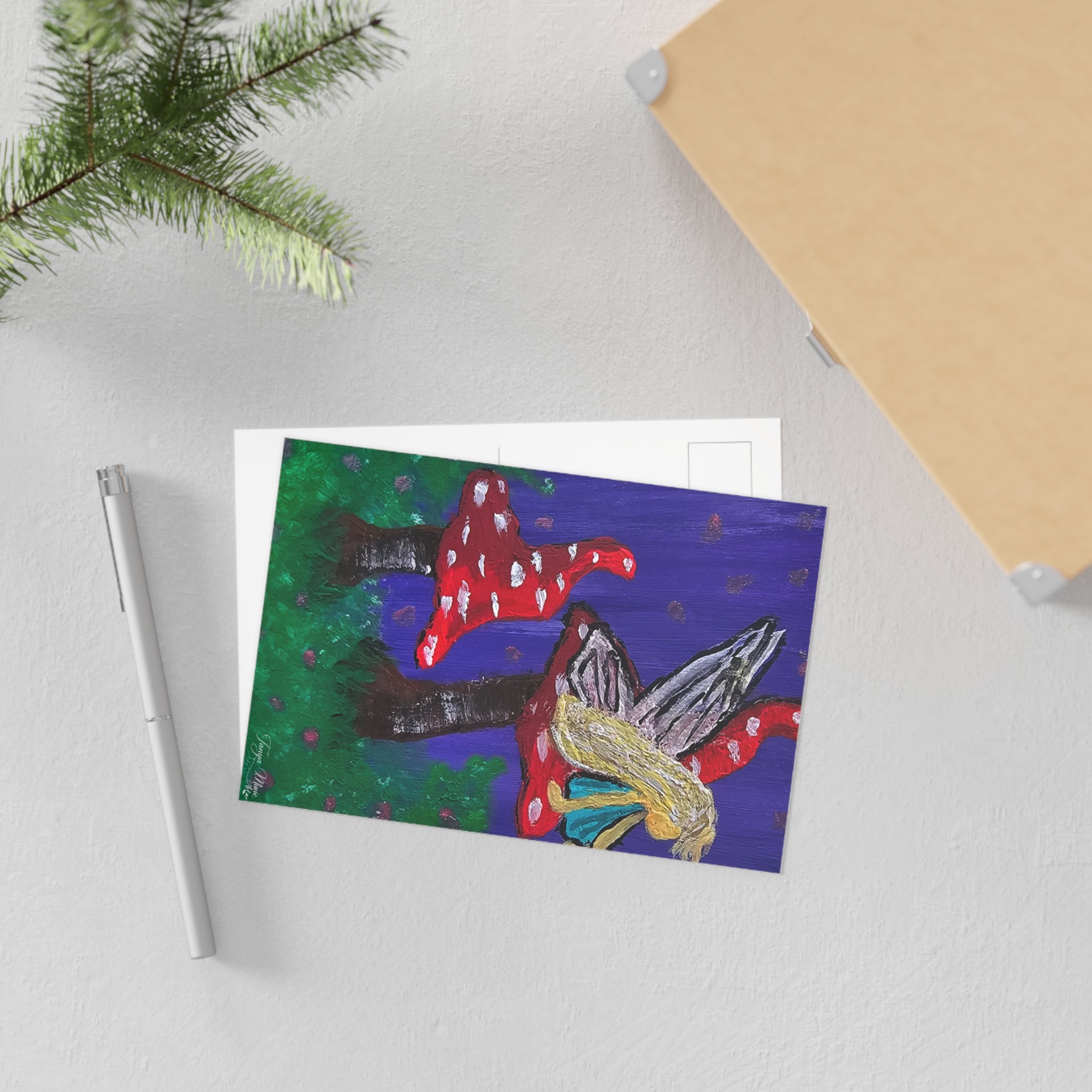 Set of two whimsical fairy art postcards with red mushroom scenes