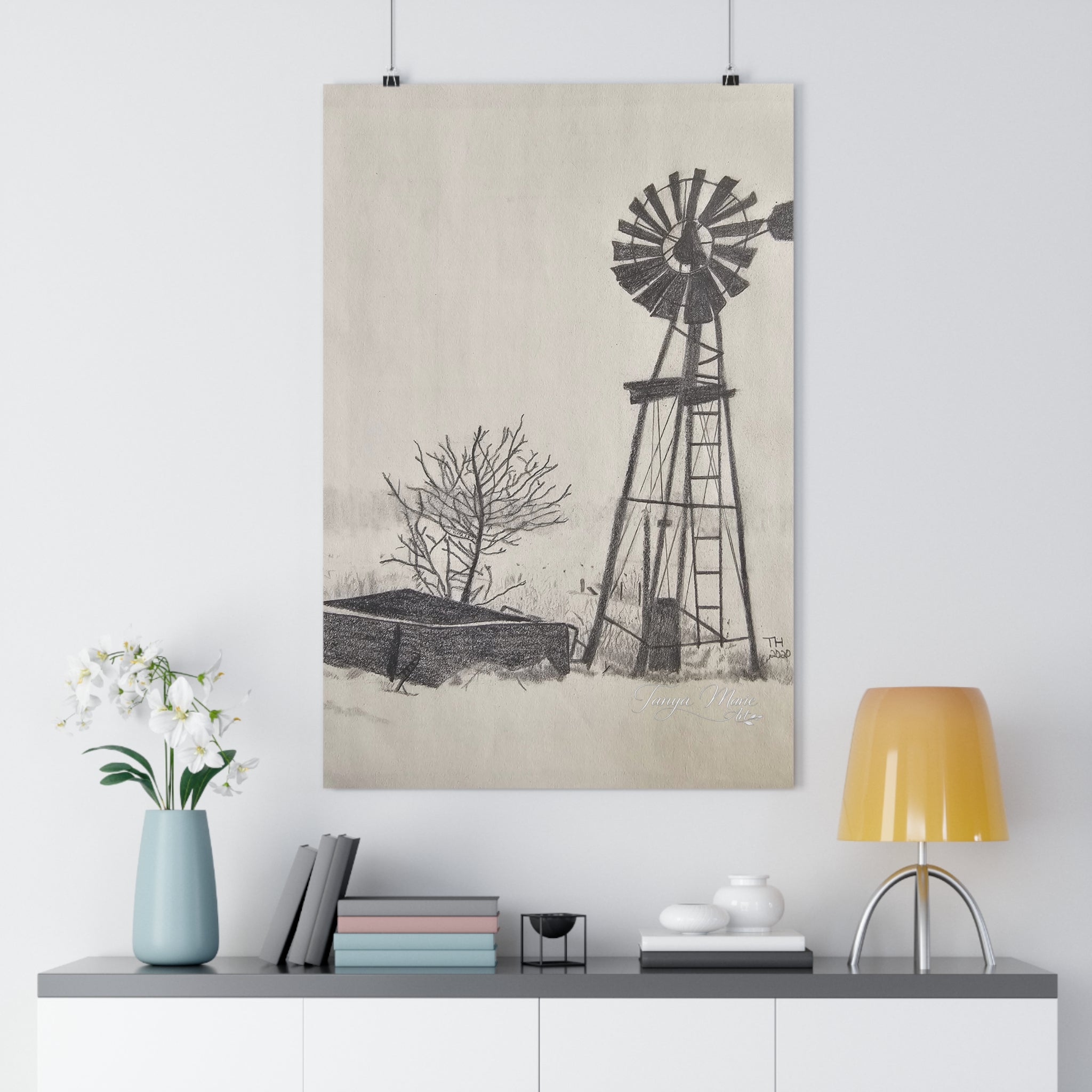 Windmill Farm Giclée Art Print — Vintage Rural Landscape Wall Art