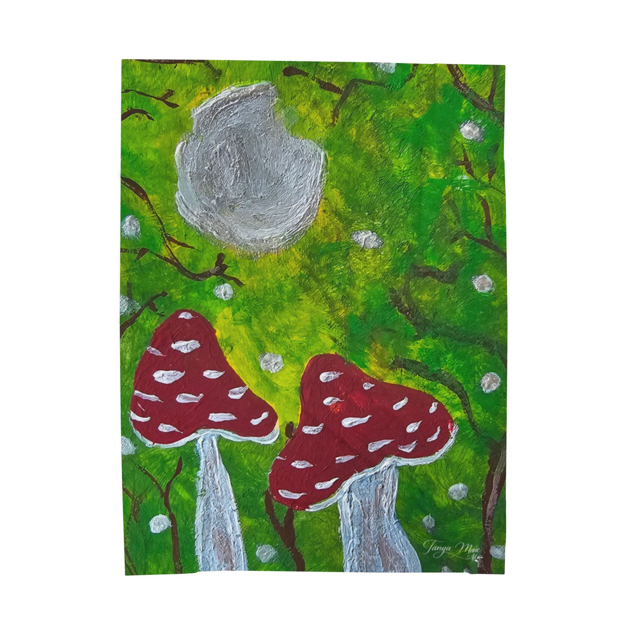Square blanket panel art: green forest with two red mushroom caps and gray moon.