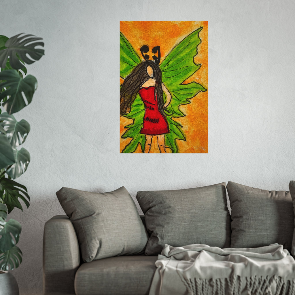 Wall art poster print: winged fairy woman in red dress, green wings on orange