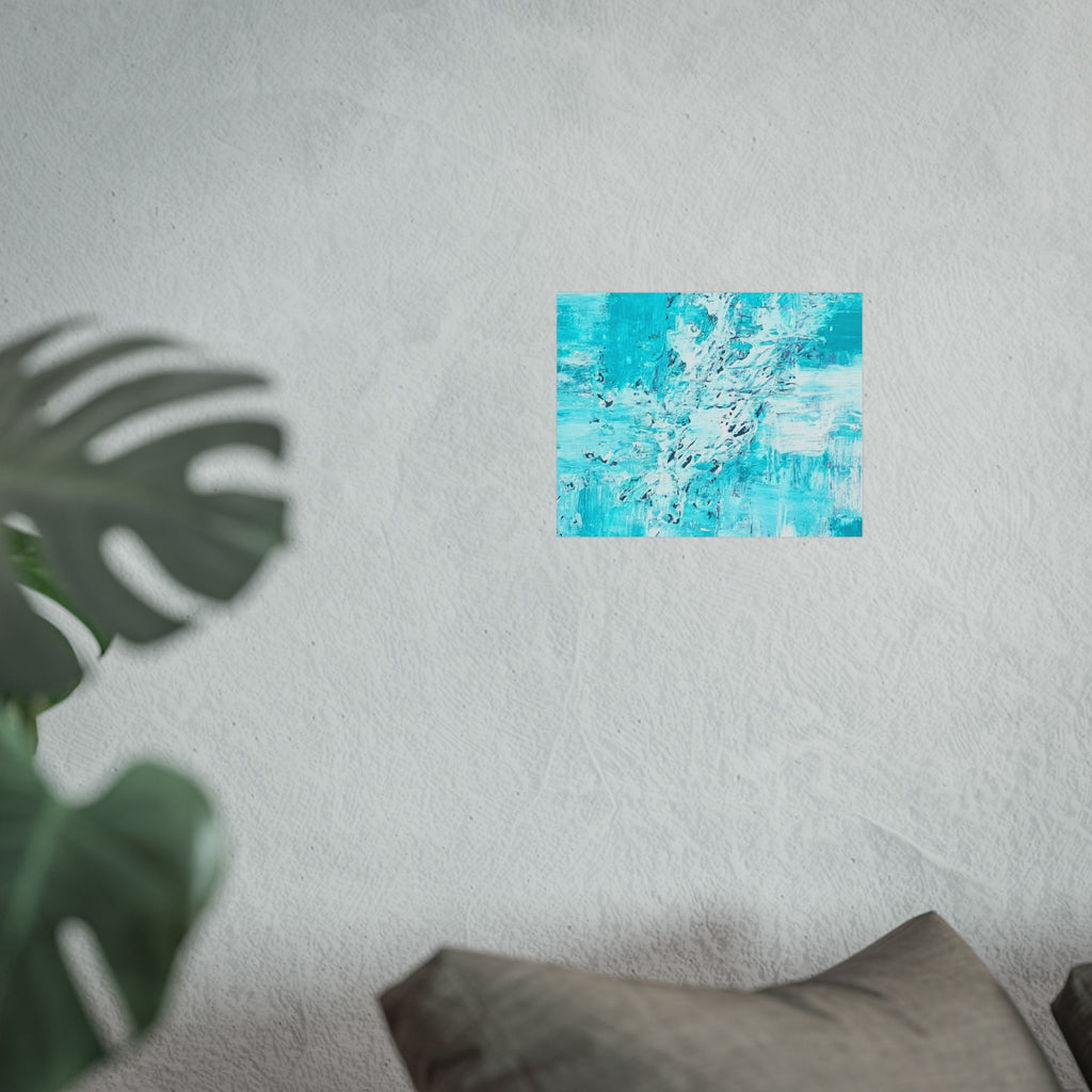 Turquoise abstract art poster with textured streaks and splashes on matte paper.