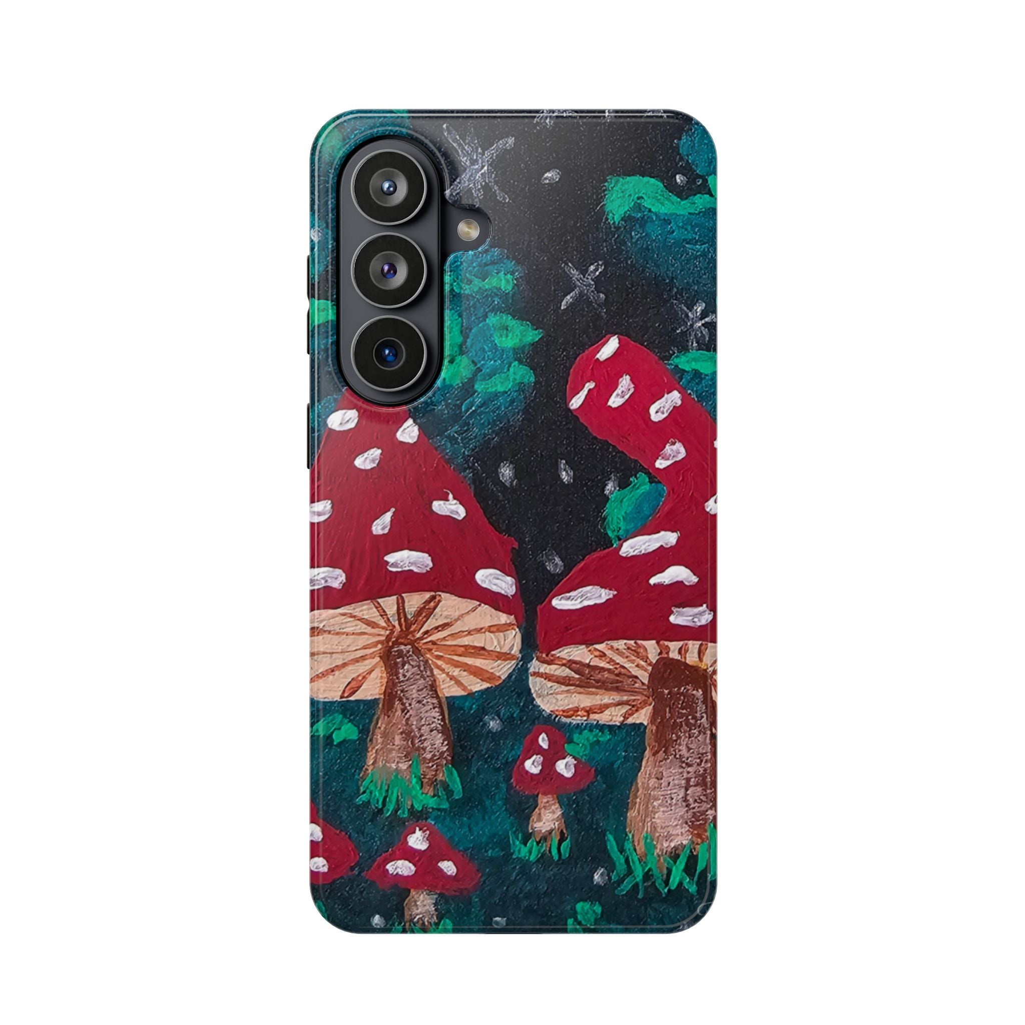 Phone case with red toadstool forest design, angled view of camera cutouts