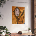 Vintage hand mirror and comb illustration poster in warm brown with dark line accents