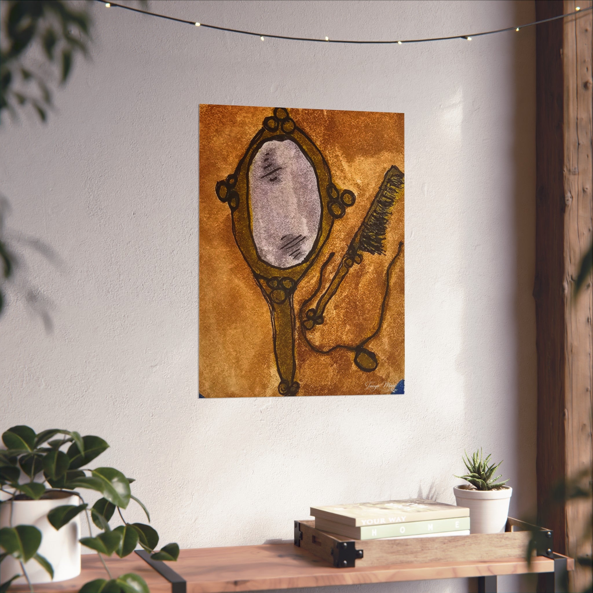 Vintage hand mirror and comb illustration poster in warm brown with dark line accents