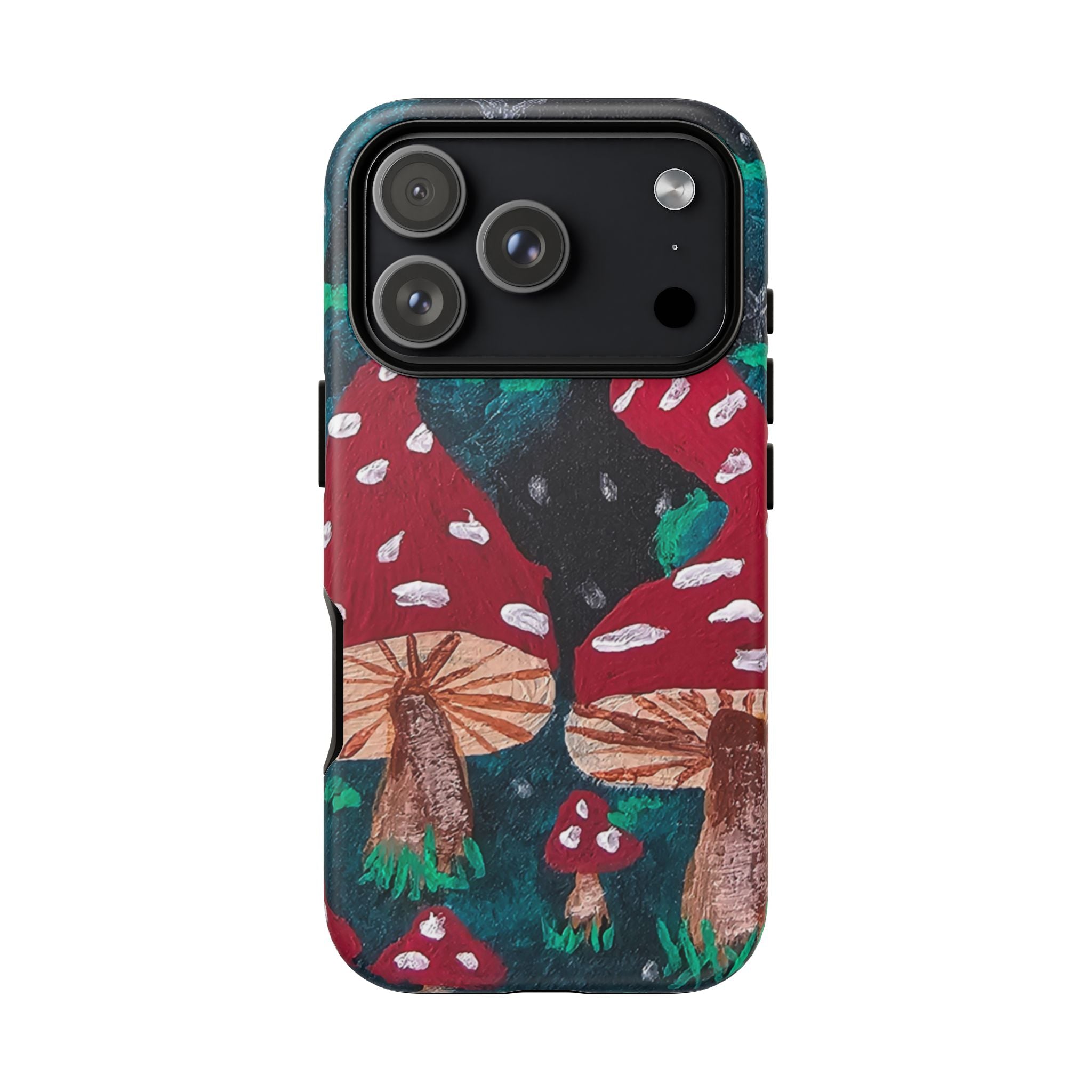 Tough phone case featuring red-and-green mushroom forest artwork with teal edges.