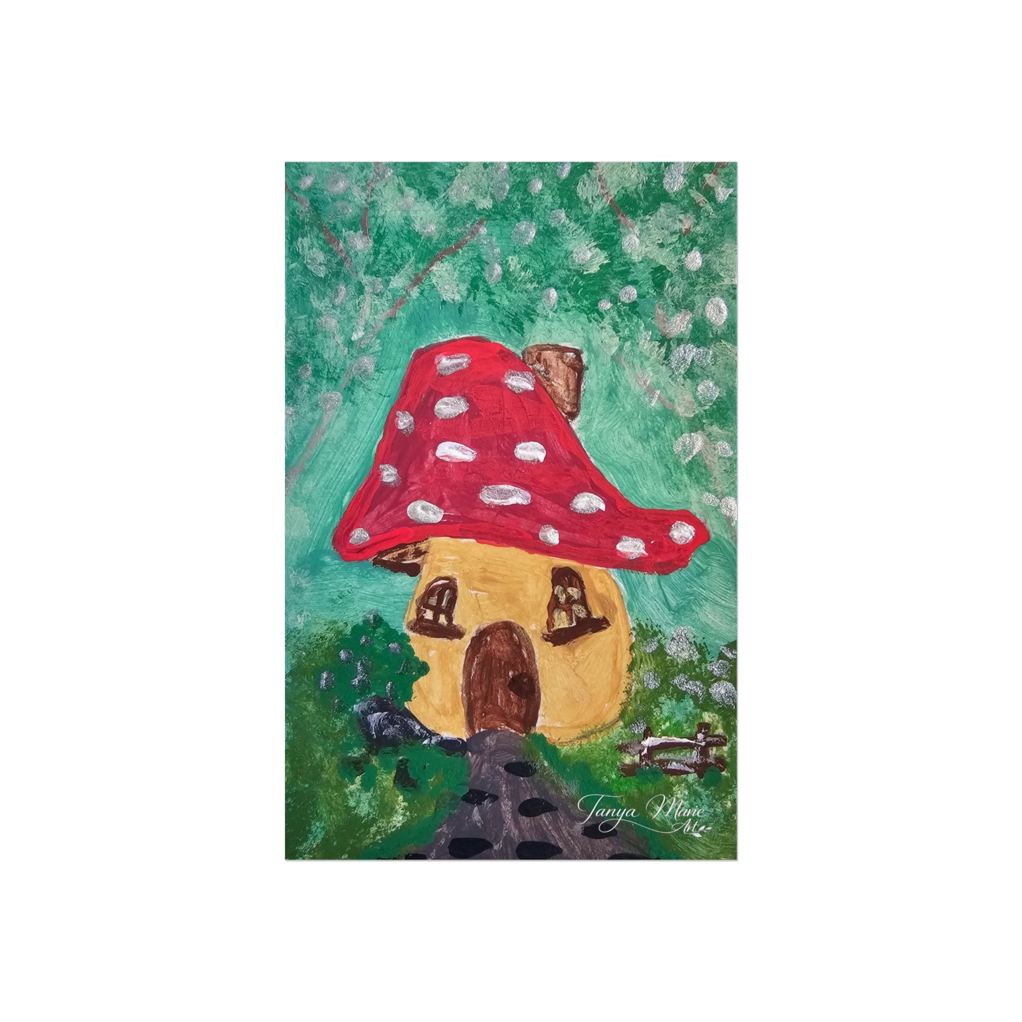 Square fine art poster with mushroom cottage artwork: red cap house on green speckled background