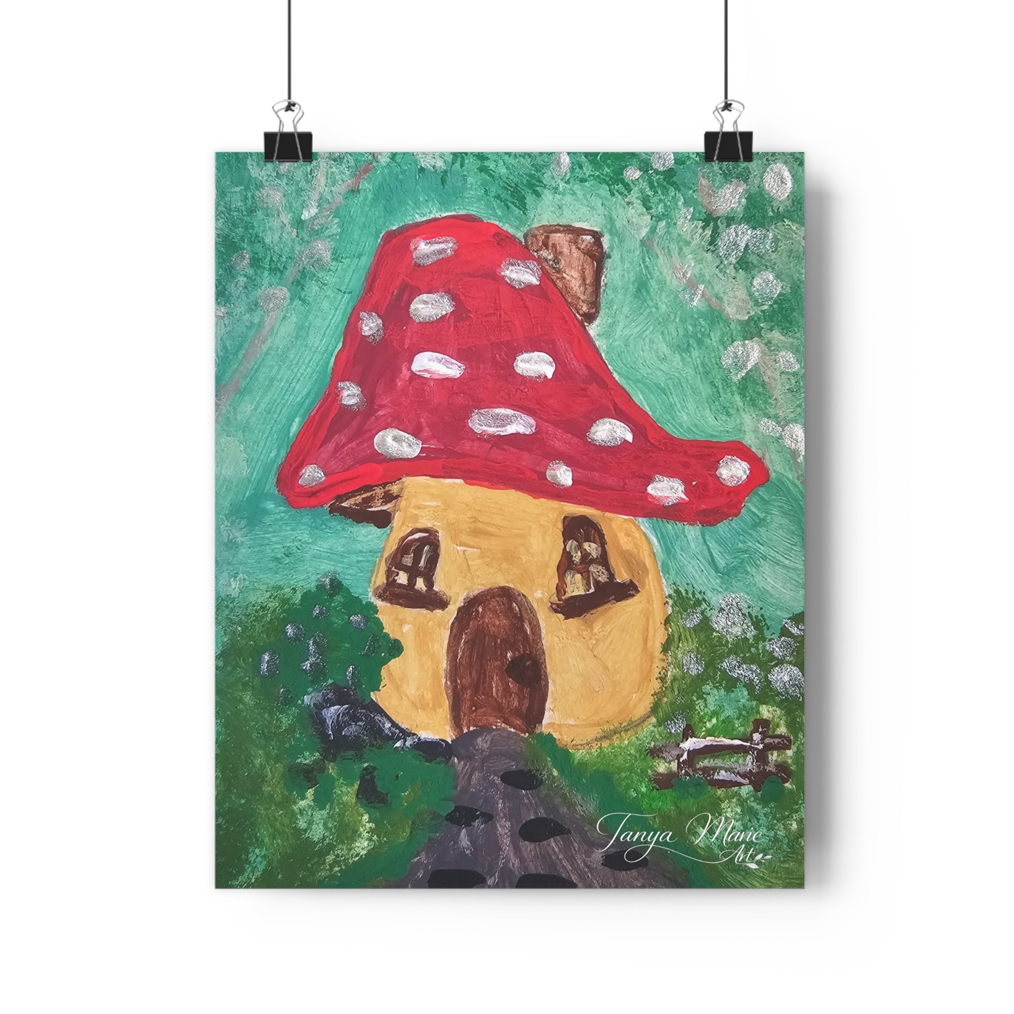 Giclée art print of a mushroom cottage with red spotted roof