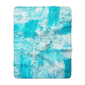 Turquoise abstract sherpa blanket with teal and white layered paint-like design