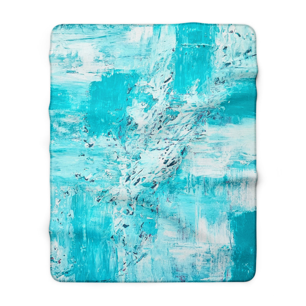 Turquoise abstract sherpa blanket with teal and white layered paint-like design