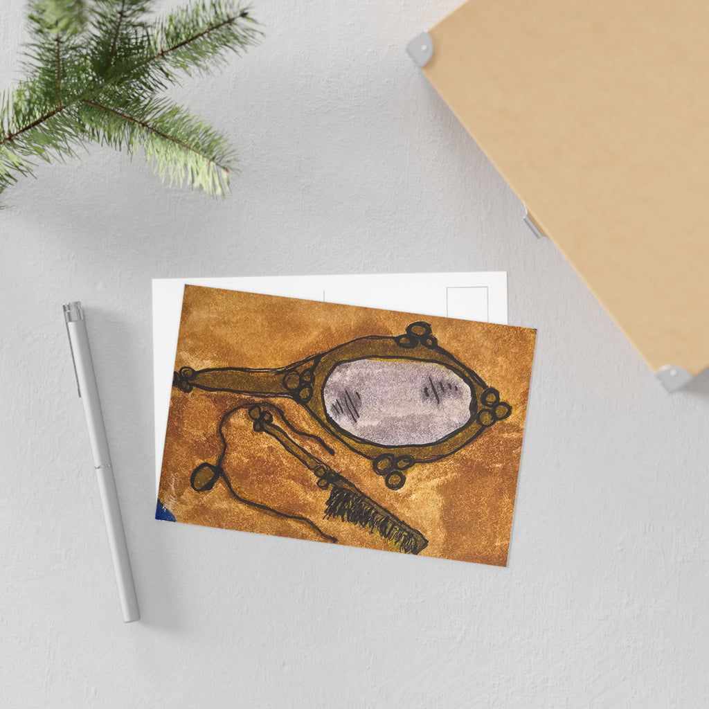 Vintage art postcard greeting card with hand mirror and comb illustration on brown texture