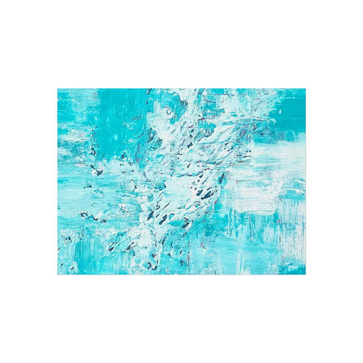 Turquoise abstract ocean wall art poster with bright white swirls and textured brush marks.