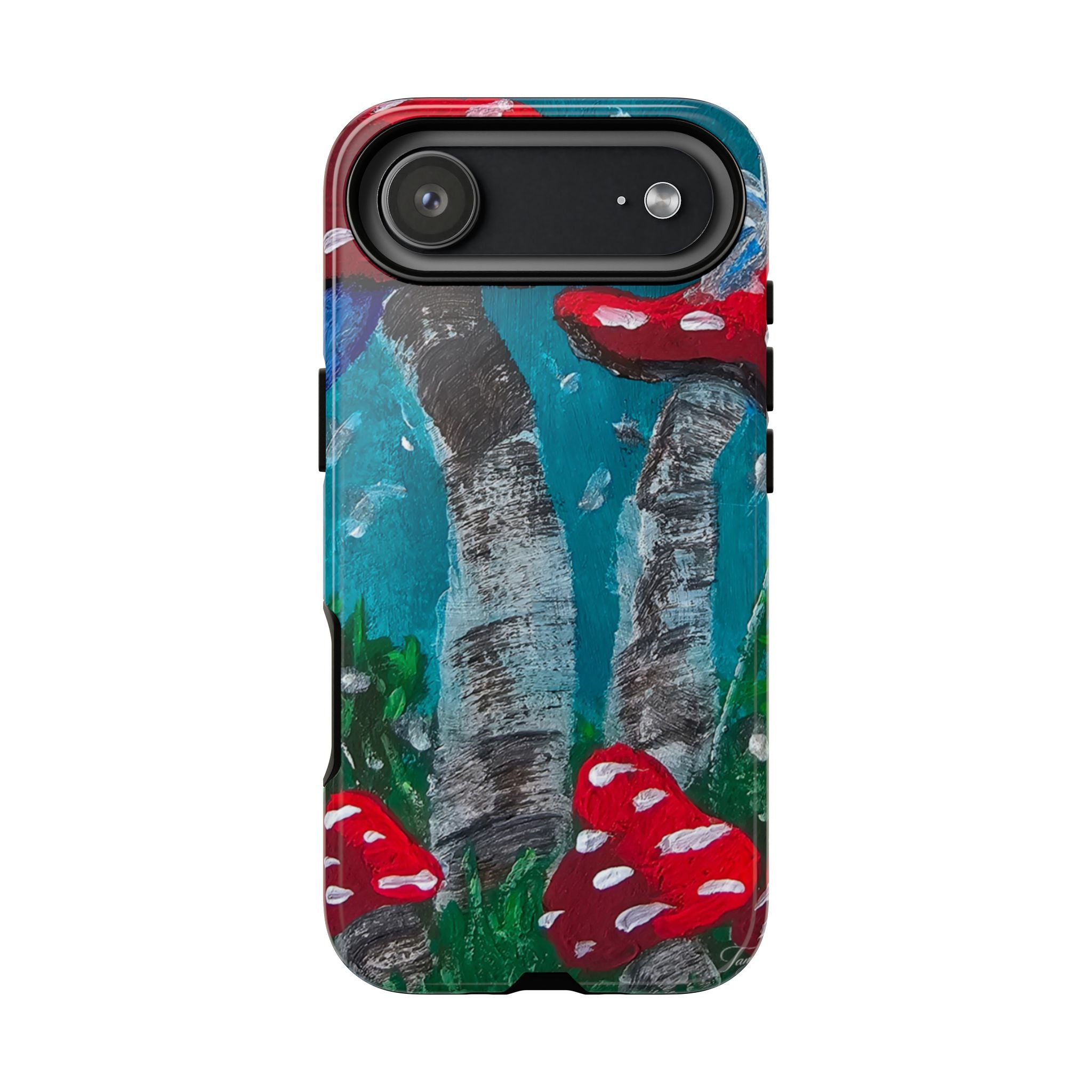 Phone case with glossy finish, back view with single camera cutout on teal birch and red toadstools.