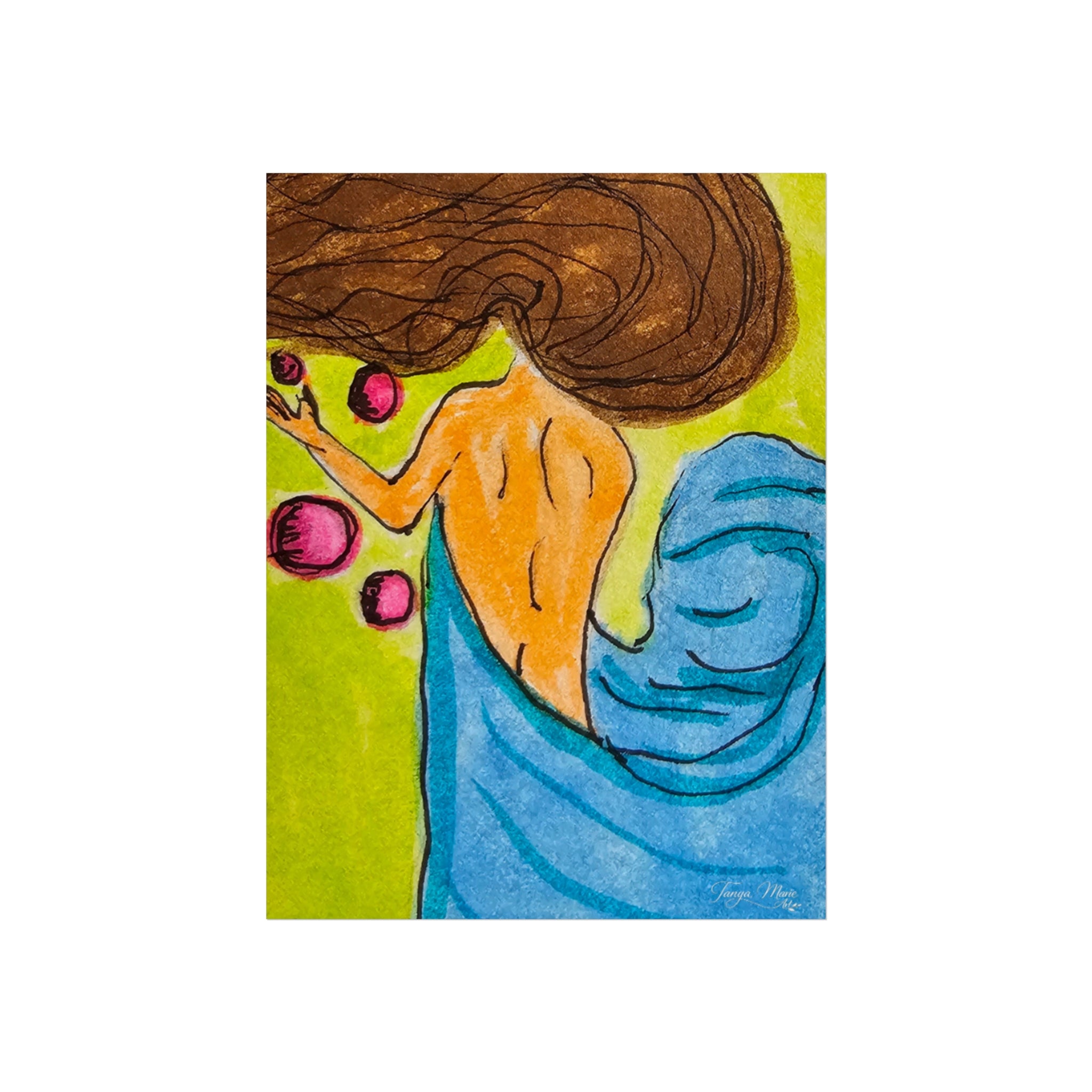 Abstract woman poster featuring orange figure, magenta orbs, blue drapery, and brown hair.