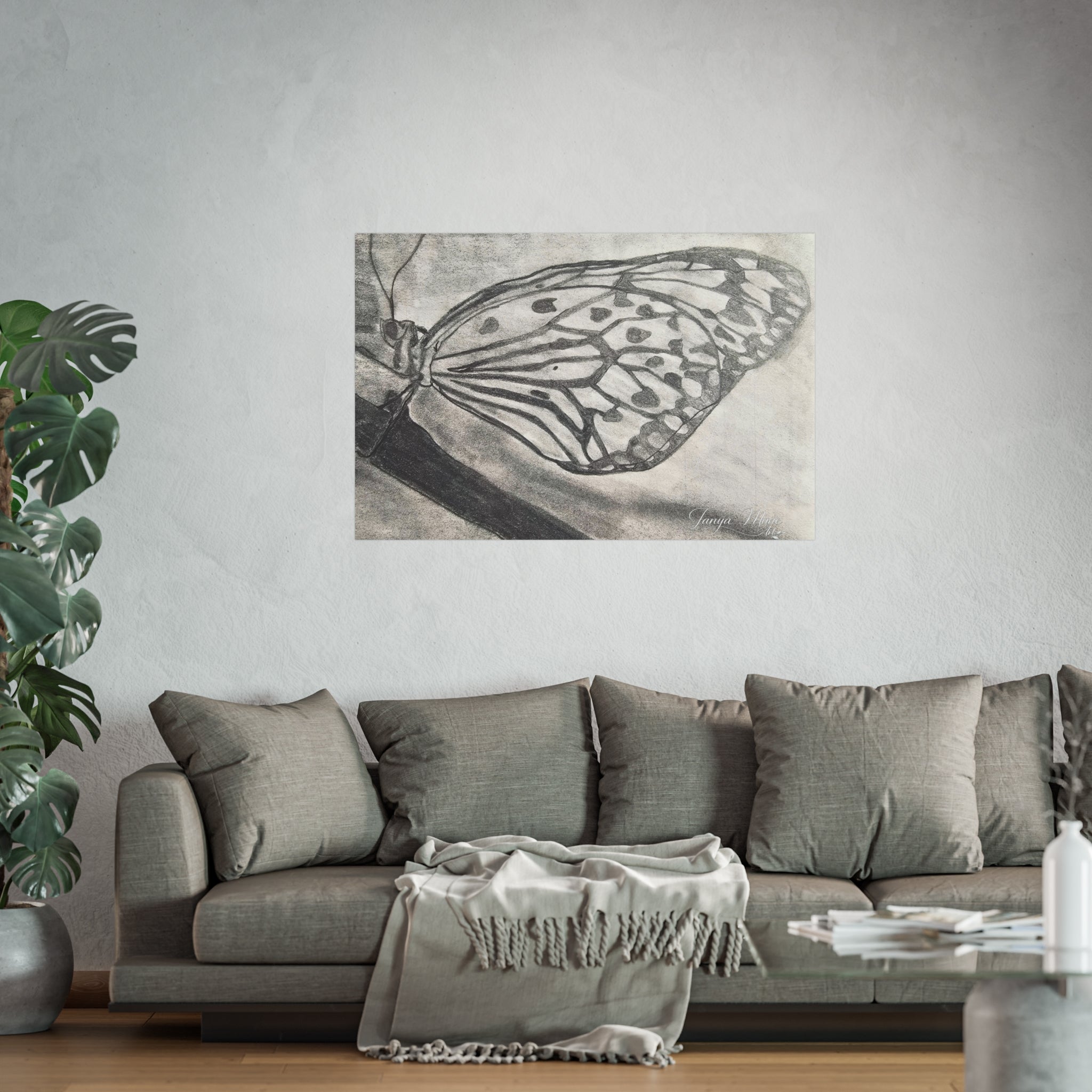 Butterfly Kisses - Butterfly Wing Charcoal Art Poster — Monochrome Fine Art Print