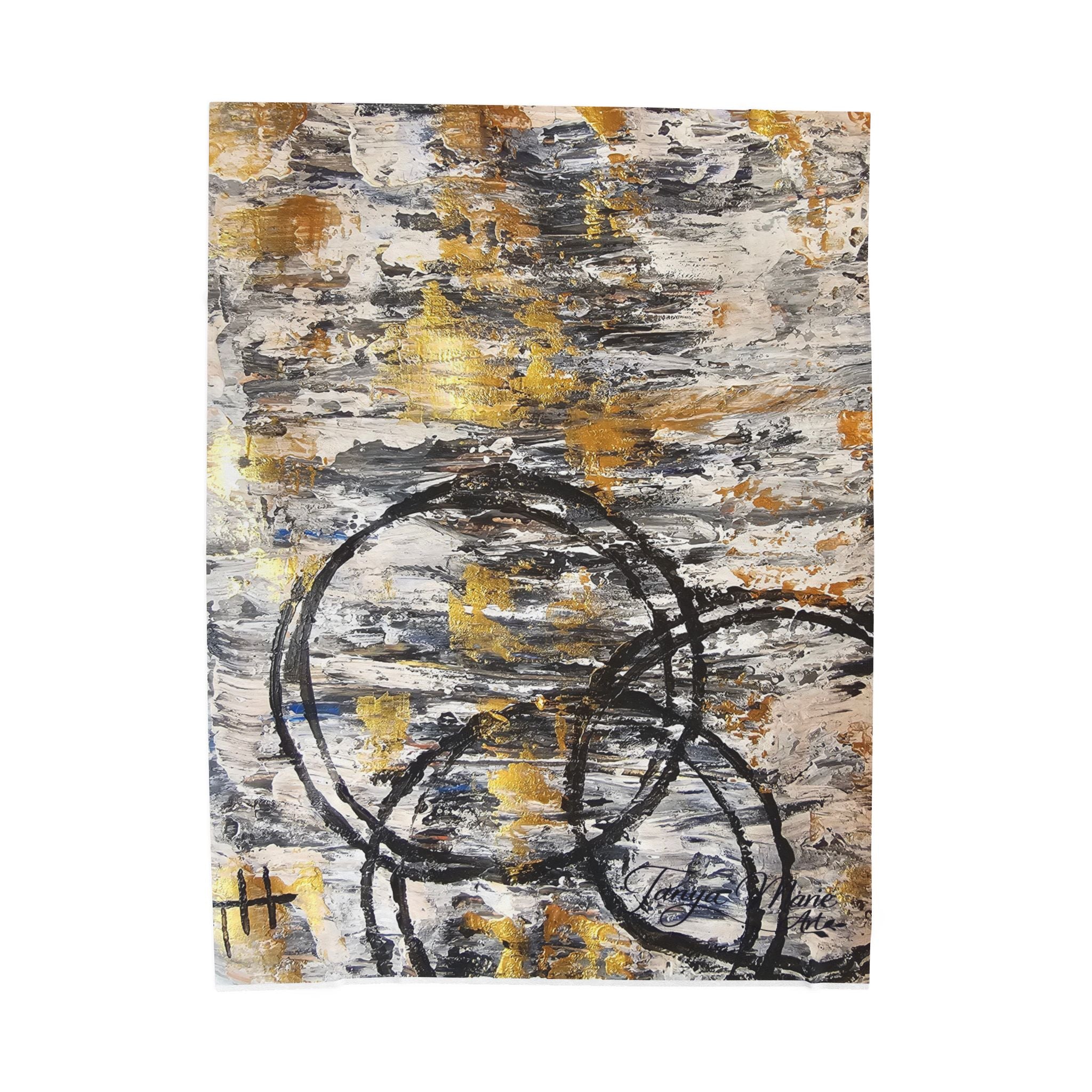Abstract velveteen plush blanket with charcoal circle scribbles and gold, gray, and white strokes