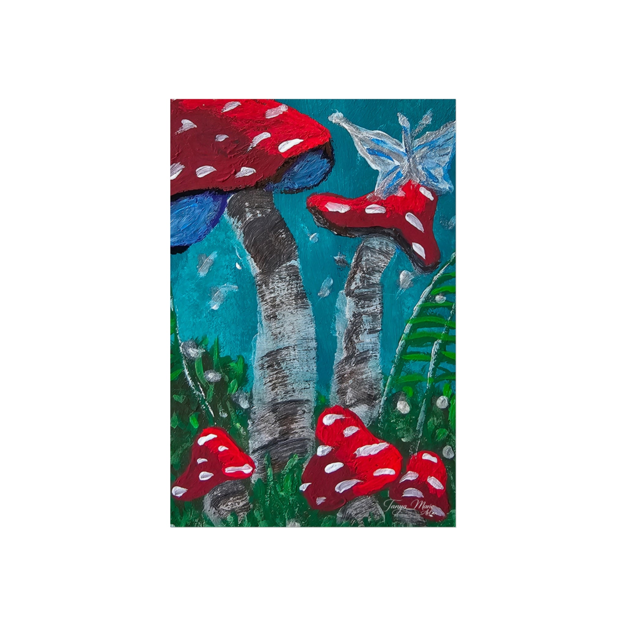 Matte poster featuring red toadstools, blue-green forest, and a pale blue butterfly