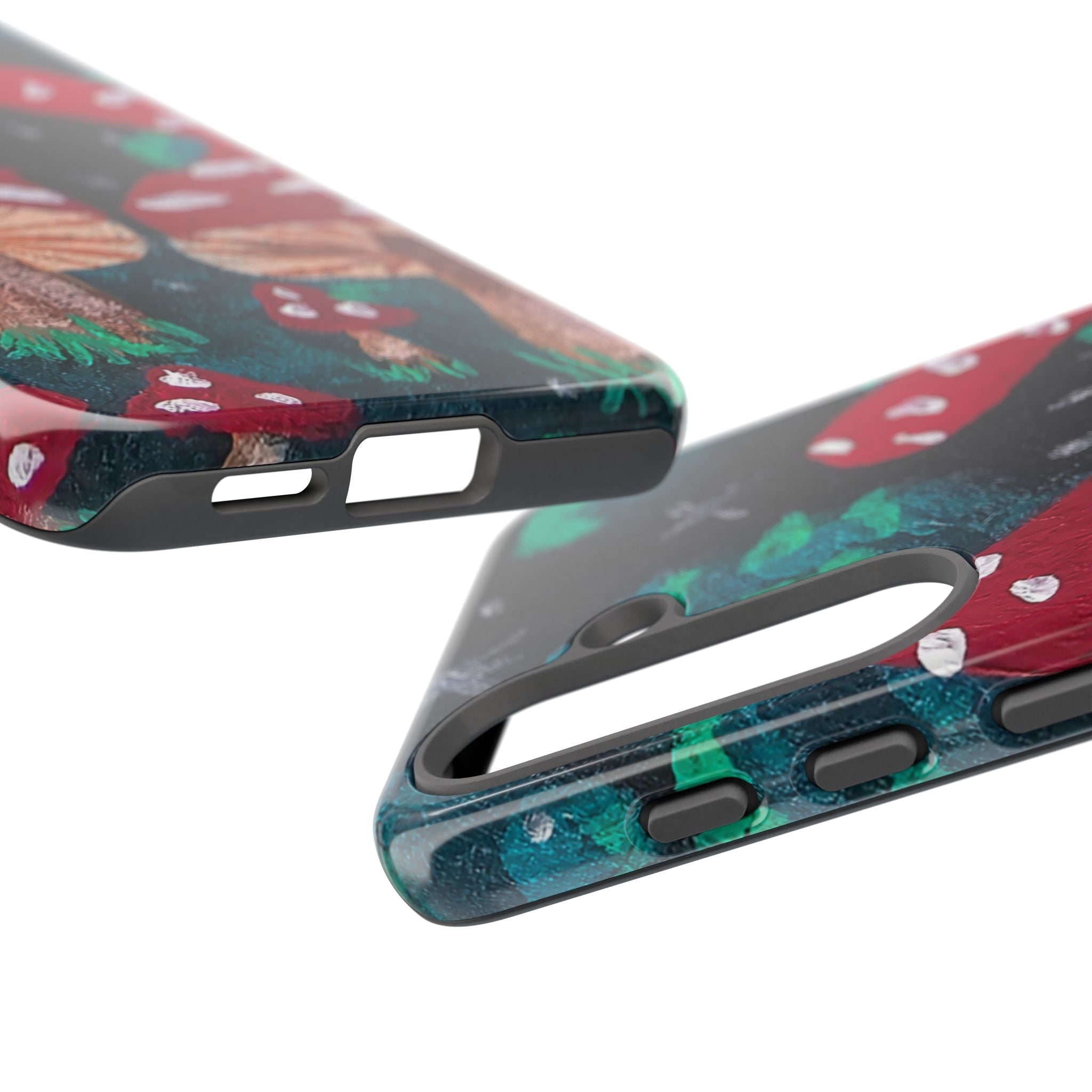 Tough phone case side view with mushroom forest print and raised screen-edge protection