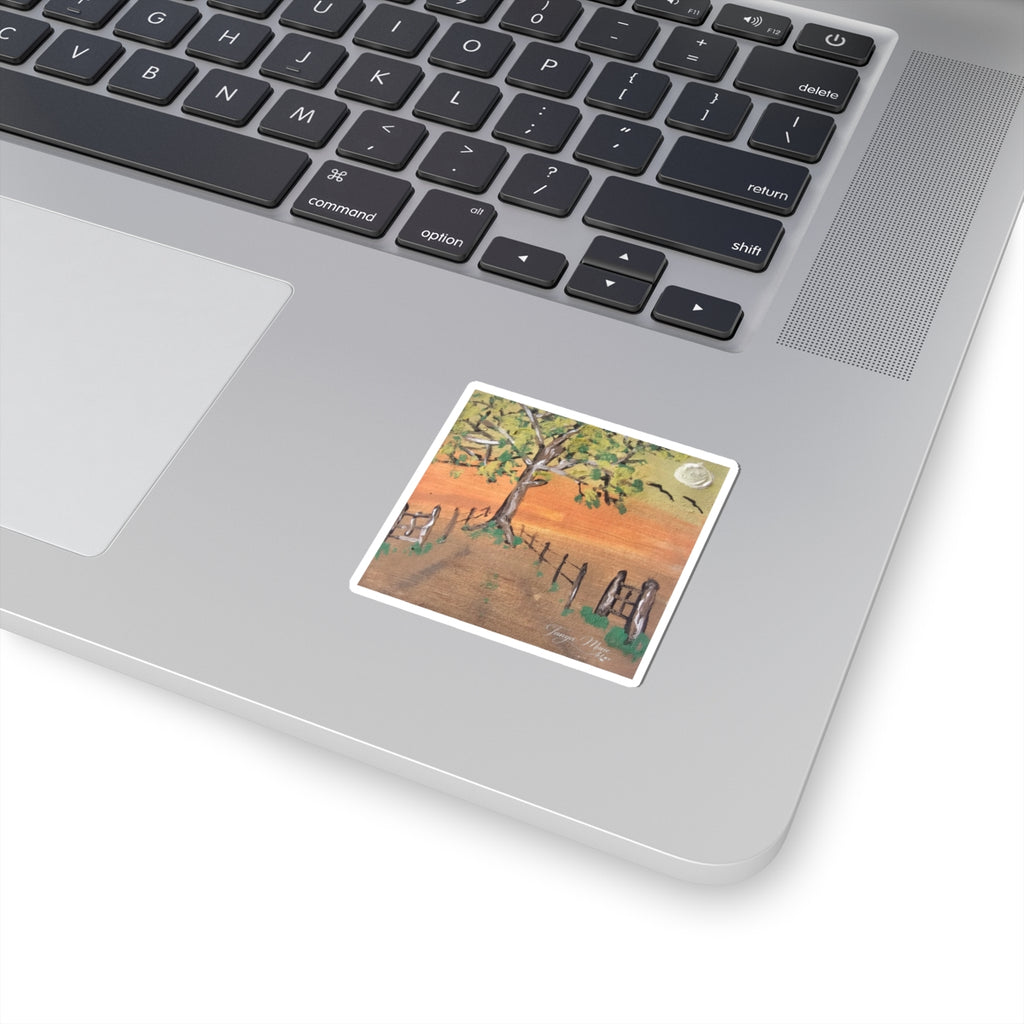 Countryside Sunset Sticker — Tree, Fence & Moon Kiss-Cut Art Sticker