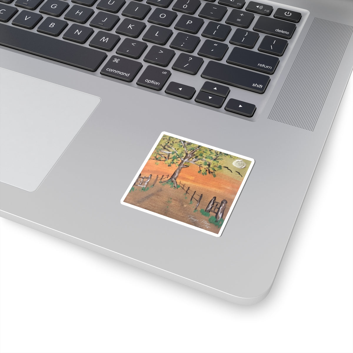 Countryside Sunset Sticker — Tree, Fence & Moon Kiss-Cut Art Sticker