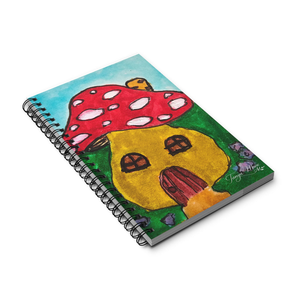 Spiral notebook with angled red mushroom cottage cover illustration