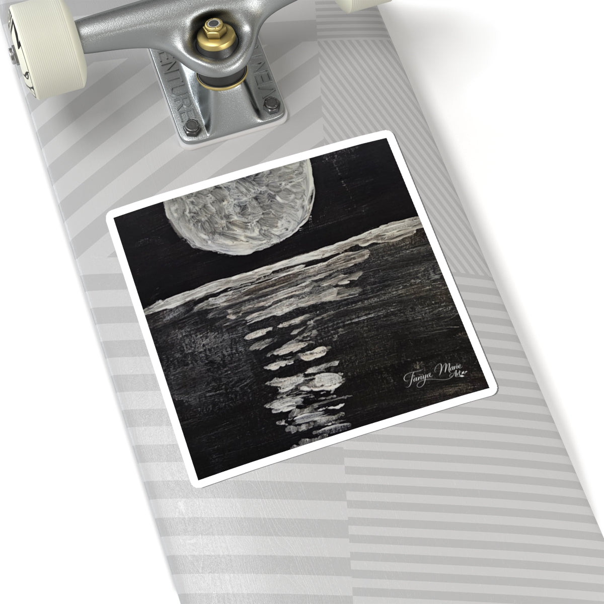 Moonlight Reflection Kiss-Cut Sticker — Black & White Moon Ocean Art Sticker