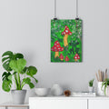 Matte giclée art print of a frog and red toadstools