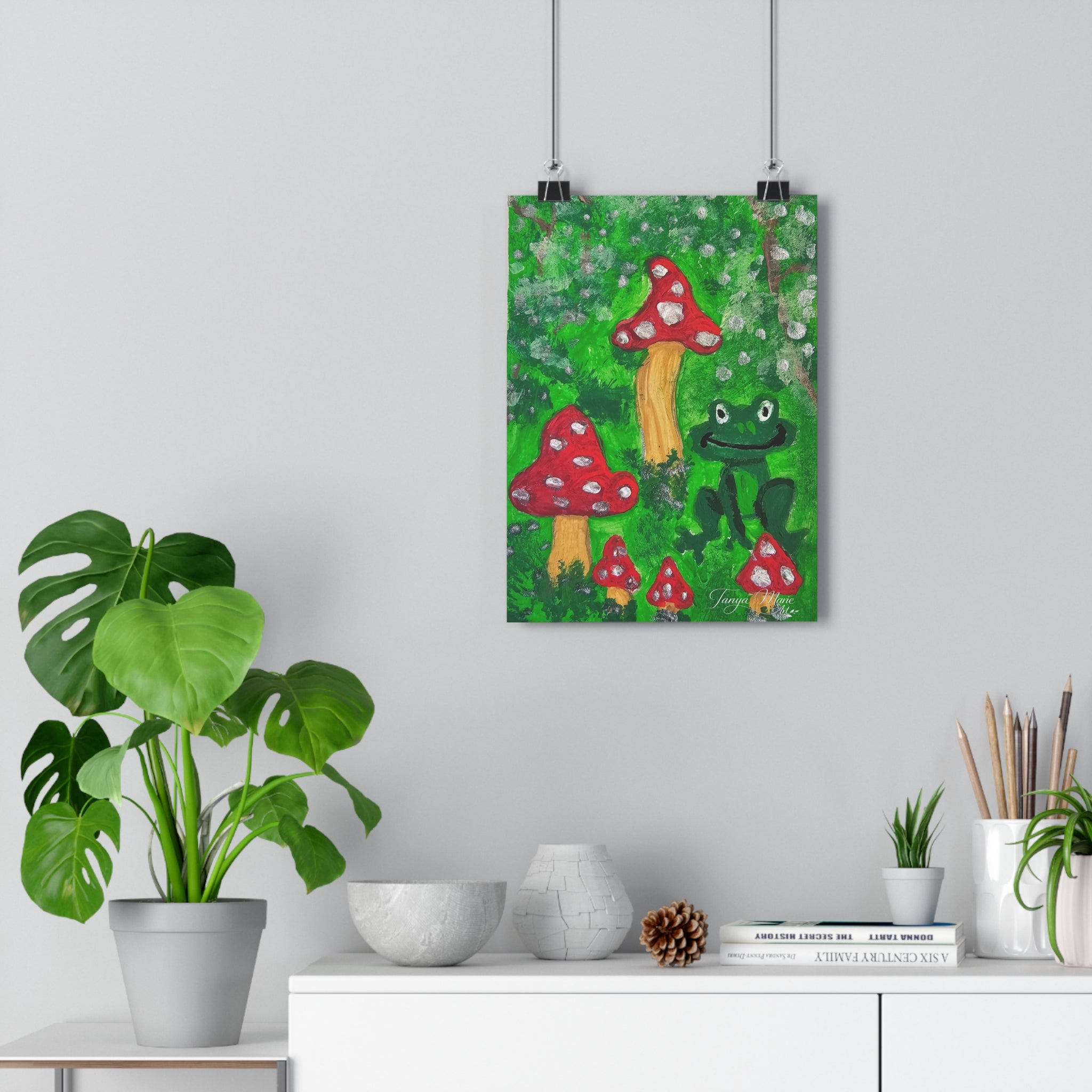 Matte giclée art print of a frog and red toadstools