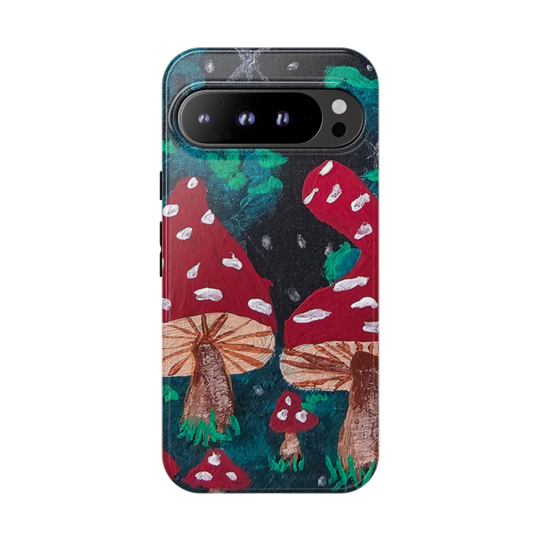 Tough phone case centered front view with mushroom forest print, dual camera module opening