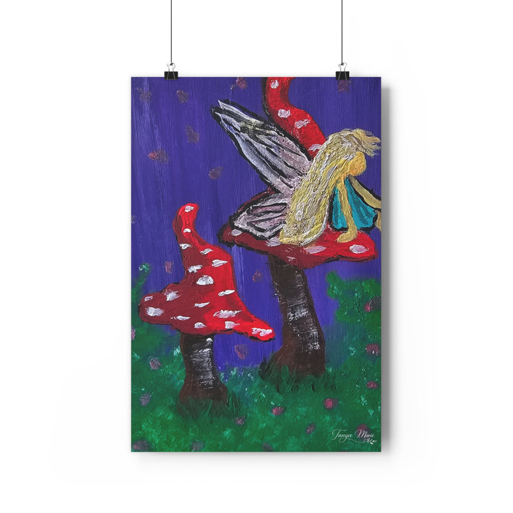 Mushroom fairy art print showing blonde winged fairy beside red and white toadstools