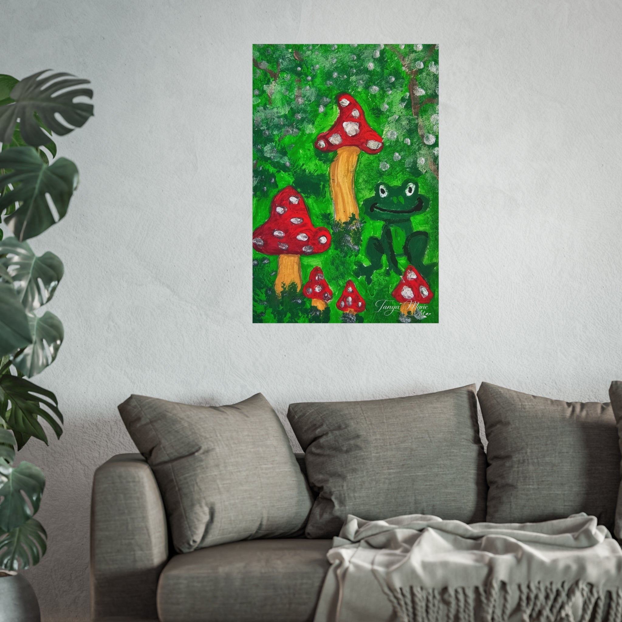 Small forest mushroom wall poster with red toadstools and green frog character