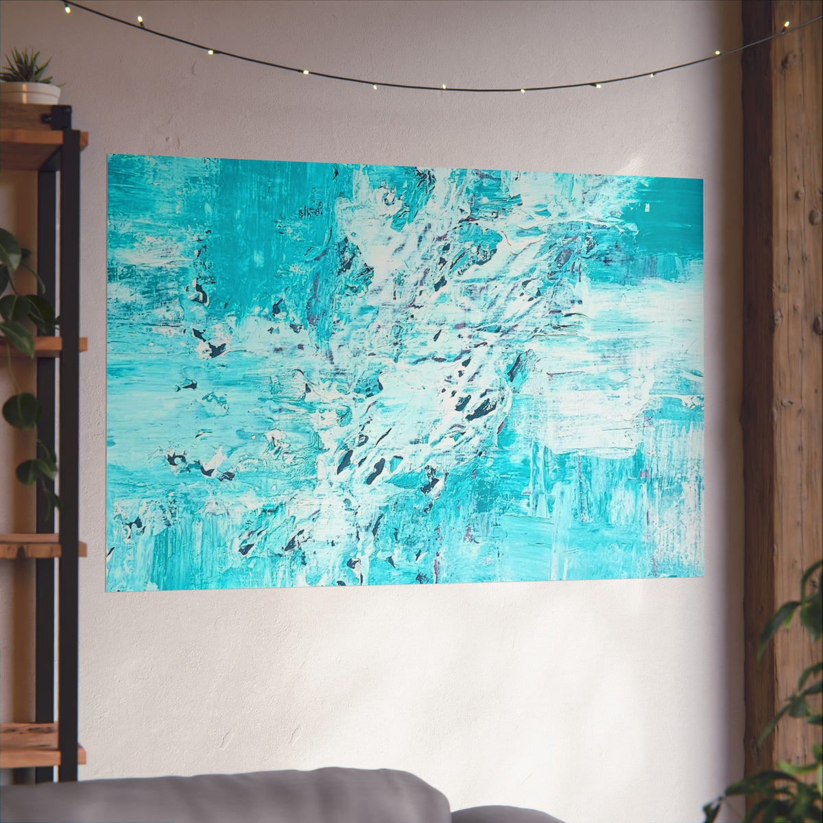 Abstract turquoise ocean-style wall art poster with white streaks and brush texture.