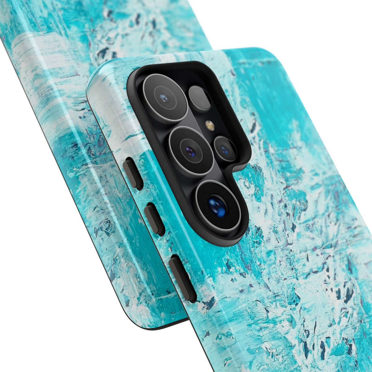 Turquoise marble phone case close-up with black camera module and ocean blue pattern