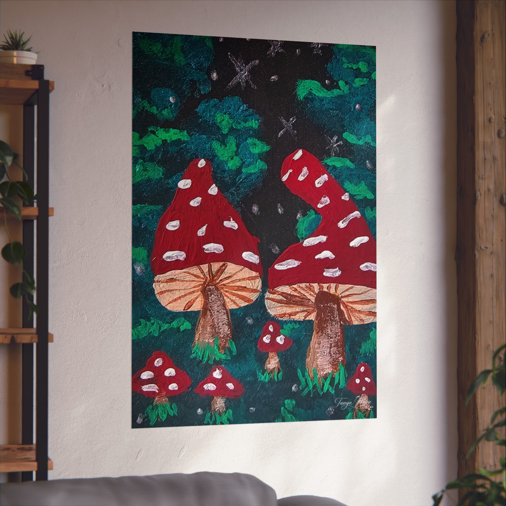 Matte fine art poster featuring large red spotted toadstools in dark green forest scene
