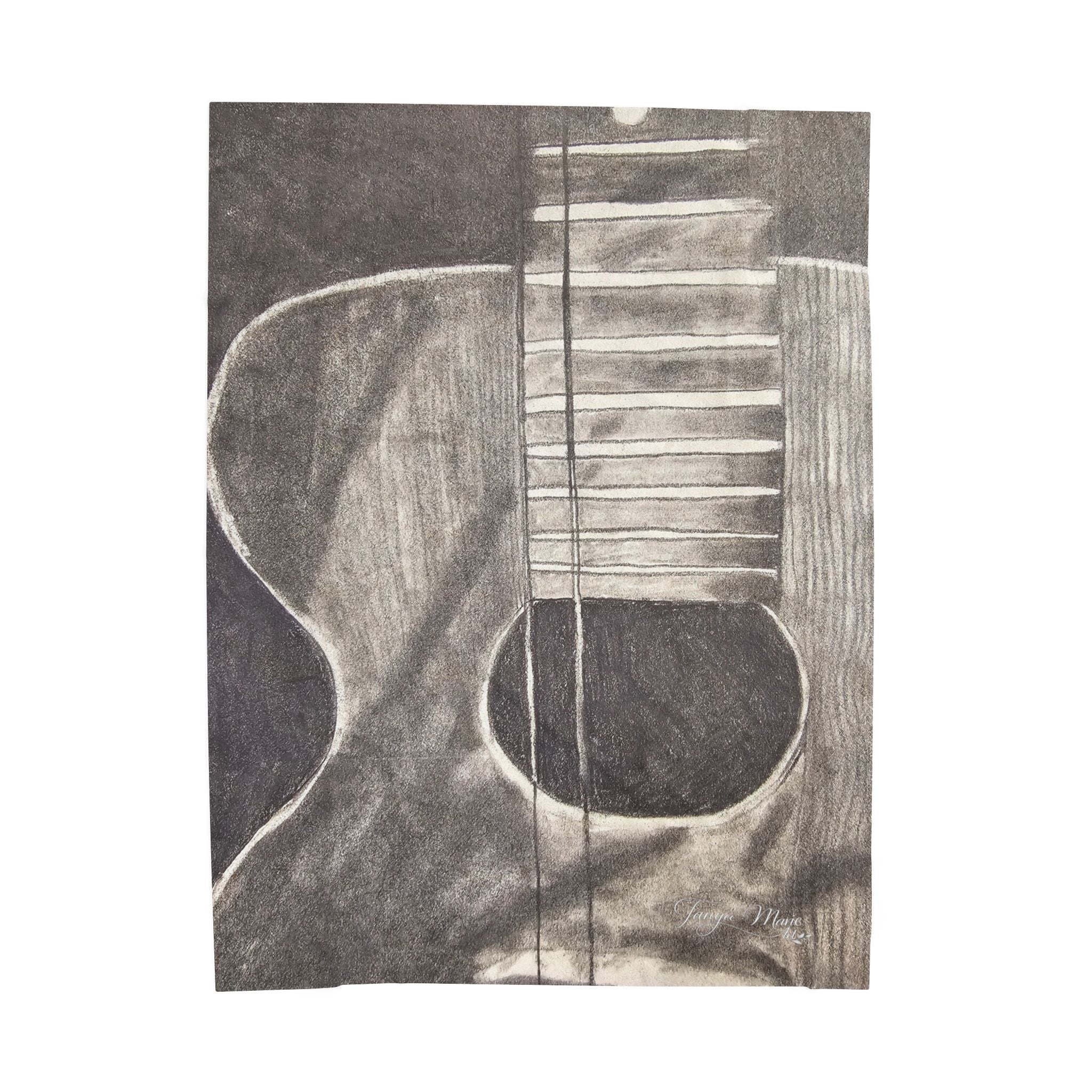 Acoustic guitar sketch velveteen plush blanket, gray with white lined strings